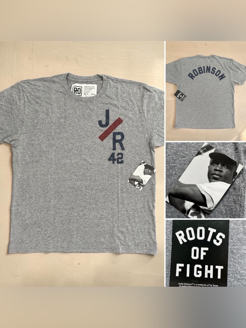 NWT Roots of Fight Jackie Robinson #42 Limited Edition MLB Tribute Gray Shirt XL